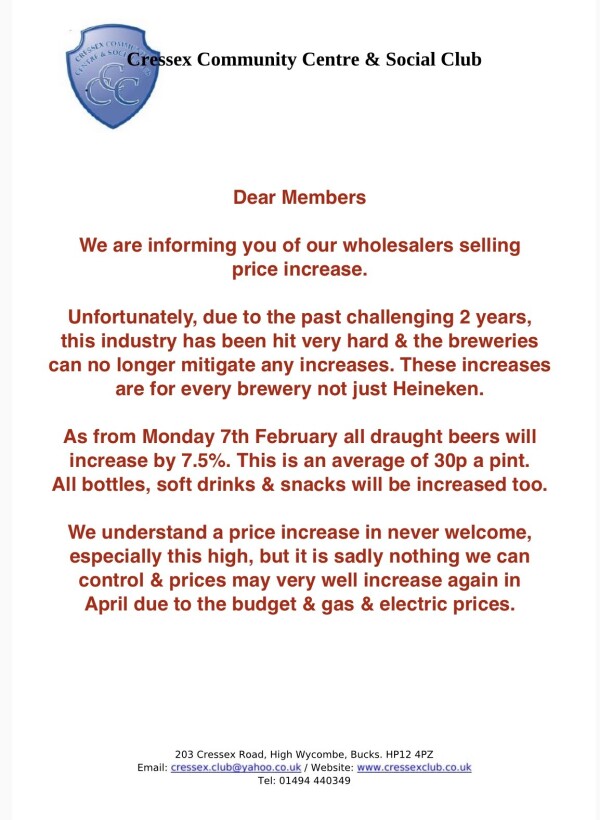 Club announcement: bar prices increase