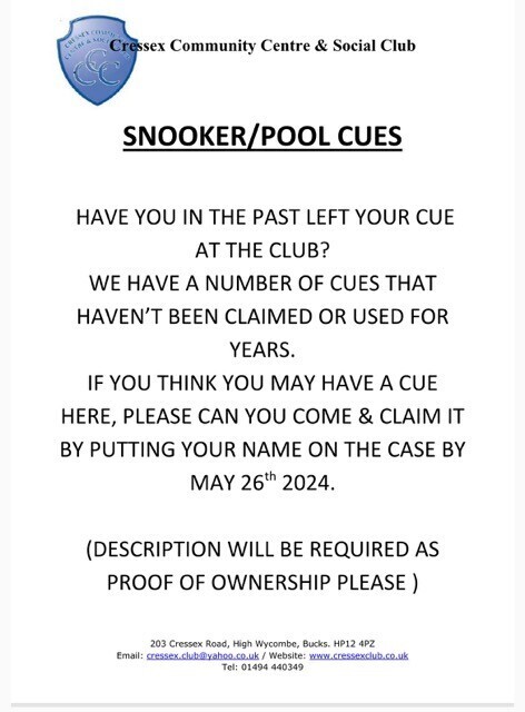Club Announcement - Snooker/Pool Cues