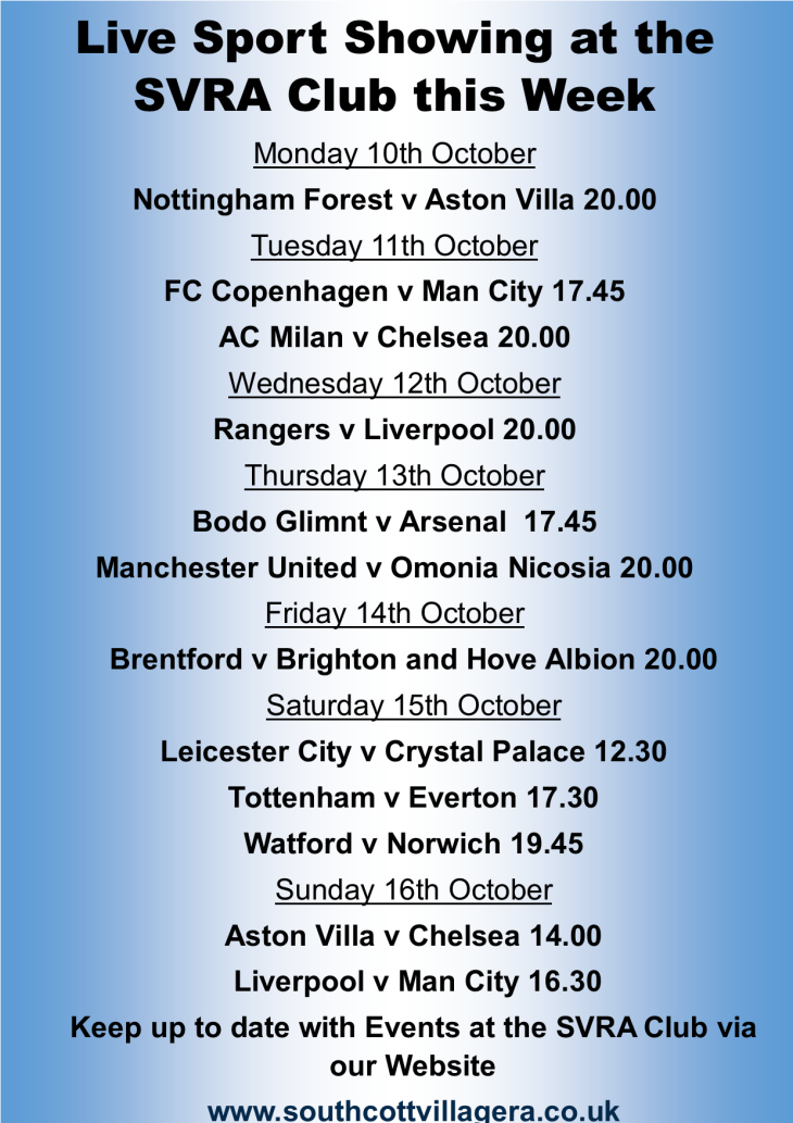 Live Games Showing at the SVRA Club
